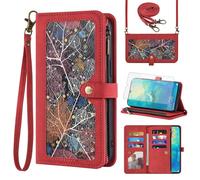 Phone Case for Huawei Mate 20 X 5G Wallet Cover With Screen Protector and Crossbody Wrist Strap Leather Flip Pattern Zipper Credit Card Holder Stand Cell Hawaii Mate20X 4G Mate20 20X G5 7.2 inch Red