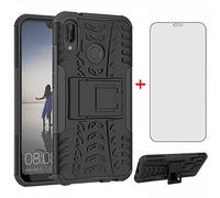 Phone Case for Huawei P20 Lite with Tempered Glass Screen Protector and Stand Kickstand Hard Rugged Hybrid Accessories Heavy Duty Shockproof huewai P20lite P 20 Hawaii Hwauei Nova 3E Cases Black