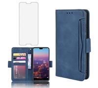 Phone Case for Huawei P20 Wallet Purse Leather Flip Cover With Tempered Glass Screen Protector Card Holder Slot Stand Kickstand Shockproof Protective Hawaii P 20 P20case Girls Cover Boys Blue