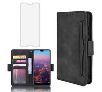 Phone Case for Huawei P20 Wallet Purse Leather Flip Cover With Tempered Glass Screen Protector Card Holder Slot Stand Kickstand Shockproof Protective Hawaii P 20 P20case Girls Cover Boys Black