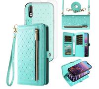 Phone Case for Huawei P20 Zipper Wallet Detachable Magnetic Cell Cover with Tempered Glass Screen Protector Crossbody Lanyard Strap Credit Card Holder Slots Hawaii P 20 20P EML-L09 EML-L29 Women Teal