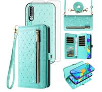 Phone Case for Huawei P30 Zipper Wallet Detachable Magnetic Cell Cover with Tempered Glass Screen Protector Crossbody Lanyard Strap Bling Flip Credit Card Holder Slots Hawaii P 30 ELE-L29 Women Teal
