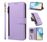 Phone Case for iPhone 13 Pro, Shockproof PU Leather Wallet Case with 4 Card Slots Stand Magnetic Flip Zipper Pocket Cover, Light purple
