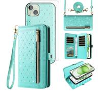 Phone Case for iPhone 15 Plus 6.7 inch Zipper Wallet Detachable Magnetic Cell Cover with Screen Protector Crossbody Lanyard Strap Bling Glitter Card Holder Slots i Phone15 15+ i15 + 15Plus Women Teal