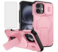 Phone Case for iPhone 16 Plus 6.7 inch and Camera Cover Tempered Glass Screen Protector Magnetic Stand Compatible with MagSafe Shockproof Heavy Duty Hybrid i Phone16 16+ i16 + 16Plus Women Men Pink