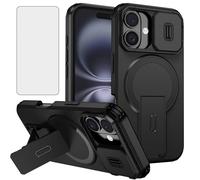 Phone Case for iPhone 16 Plus 6.7 inch and Camera Cover Tempered Glass Screen Protector Magnetic Stand Compatible with MagSafe Shockproof Heavy Duty Hybrid i Phone16 16+ i16 + 16Plus Women Men Black