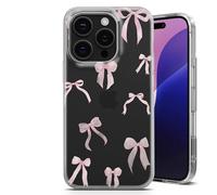 Phone Case for iPhone 16 Pro - Clear Soft Silicone Gel Custom Cover Beautiful Girly Bows and Hearts Design Individual Style Initials Any Text - Pink Bow