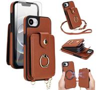 Phone Case for iPhone 16e/SE 2025/SE 4 Wallet Cover Magnetic Detachable and Screen Protector Ring Kickstand Compatible with MagSafe RFID Blocking i Phone16e i16e 16 e SE4 16eCase for Women Brown