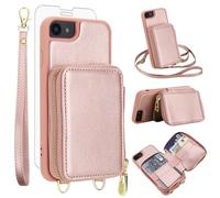 Phone Case for iPhone 6/6s/7/8/SE 2020 2022 Wallet Cell Cover with Screen Protector Crossbody Strap RFID Blocking Card Holder i Six Seven 6a i6 i7 i8 7s 8s SE2020 SE2 2 SE2022 SE3 3 Women Rose Gold