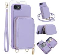 Phone Case for iPhone 6/6s/7/8/SE 2020 2022 Wallet Cell Cover with Screen Protector Crossbody Strap RFID Blocking Card Holder i Six Seven 6a i6 i7 i8 7s 8s SE2020 SE2 2 SE2022 SE3 3 Women Men Purple