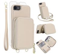 Phone Case for iPhone 6/6s/7/8/SE 2020 2022 Wallet Cell Cover with Screen Protector Crossbody Strap RFID Blocking Card Holder i Six Seven 6a i6 i7 i8 7s 8s SE2020 SE2 2 SE2022 SE3 3 Women Girls Beige
