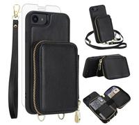 Phone Case for iPhone 6/6s/7/8/SE 2020 2022 Wallet Cell Cover with Screen Protector Crossbody Strap RFID Blocking Card Holder i Six Seven 6a i6 i7 i8 7s 8s SE2020 SE2 2 SE2022 SE3 3 Women Girls Black