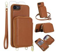 Phone Case for iPhone 6/6s/7/8/SE 2020 2022 Wallet Cell Cover with Screen Protector Crossbody Strap RFID Blocking Card Holder i Six Seven 6a i6 i7 i8 7s 8s SE2020 SE2 2 SE2022 SE3 3 Women Girls Brown