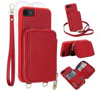 Phone Case for iPhone 6/6s/7/8/SE 2020 2022 Wallet Cell Cover with Screen Protector Crossbody Strap Lanyard RFID Blocking Card Holder i Six Seven 6a i6 i7 i8 7s 8s SE2020 SE2 2 SE2022 SE3 3 Women Red
