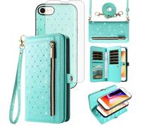 Phone Case for iPhone 7/8/SE 2020/2022 Zipper Wallet Detachable Cell Cover with Screen Protector Crossbody Lanyard Strap Bling iPhone7 iPhone8 7s 8s i SE2020 SE2022 2/2nd/3/3rd Generation Women Teal