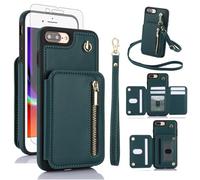 Phone Case for iPhone 7plus 8plus 7/8 Plus RFID Wallet Cell Zipper Cover with Screen Protector Crossbody Strap Credit Card Holder Slot Stand i Phone7s 7s + 7+ 8s 8+ Phones8 7p 8p Women Men Green
