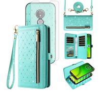 Phone Case for Moto G7 Power/MotoG7 Supra/Moto7 Optimo Max Zipper Wallet Detachable Cell Cover with Screen Protector Crossbody Lanyard Strap Card Holder Slots Motorola MotoG7Power G 7 Women Teal