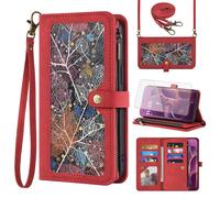 Phone Case for Motorola Edge 60 Pro 5G Wallet Cover With Screen Protector and Crossbody Wrist Strap Leather Flip Pattern Zipper Credit Card Holder Stand Cell Moto Edge60 60Pro XT2507-1 Women Men Red