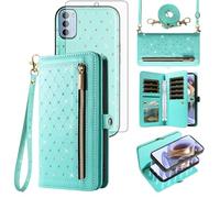 Phone Case for Motorola Moto G31/G41 Zipper Wallet Detachable Magnetic Cell Cover with Tempered Glass Screen Protector Crossbody Lanyard Strap Credit Card Holder MotoG31 MotoG41 G 31 41 Women Teal