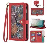Phone Case for Nokia C32 / Nokia C32 4G 6.5" Wallet Cover With Tempered Glass Screen Protector Crossbody Wrist Strap Leather Flip Pattern Zipper Credit Card Holder Stand Cell NokiaC32 Women Men Red