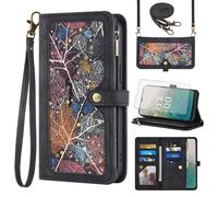 Phone Case for Nokia C32 / Nokia C32 4G 6.5" Wallet Cover With Tempered Glass Screen Protector Crossbody Wrist Strap Leather Flip Pattern Zipper Credit Card Holder Stand Cell NokiaC32 Women Men Black