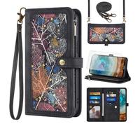 Phone Case for Nokia X10/X20 Wallet Cover With Tempered Glass Screen Protector Crossbody Wrist Strap Leather Flip Pattern Zipper Credit Card Holder Stand Cell NokiaX10 10X NokiaX20 5G Women Men Black