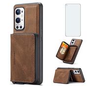 Phone Case for OnePlus 9 Pro One Plus 9Pro 5G Wallet Cover with Tempered Glass Screen Protector and Credit Card Holder Zipper Stand Cell Accessories On 1Plus 1 + Plus9 1+ Pro Nine Women Men Brown