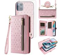 Phone Case for OPPO Find X3/X3 Pro 5G Zipper Wallet Detachable Cell Cover with Screen Protector Crossbody Lanyard Strap Bling Glitter Flip Credit Card Holder Slots FindX3 3X X3Pro CPH2173 Women Pink
