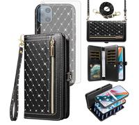Phone Case for OPPO Find X3/X3 Pro 5G Zipper Wallet Detachable Cell Cover with Screen Protector Crossbody Lanyard Strap Bling Glitter Flip Credit Card Holder Slots FindX3 3X X3Pro CPH2173 Women Black