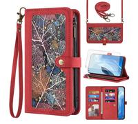 Phone Case for OPPO Reno 7 5G/Find X5 Lite Wallet Cover With Tempered Glass Screen Protector and Crossbody Wrist Strap Leather Flip Pattern Zipper Credit Card Holder Cell Reno7/X5Lite Women Men Red