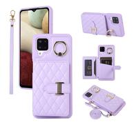 Phone Case For Samsung Galaxy A12/M12 Wallet Cover with Crossbody Shoulder Strap and Leather Credit Card Holder 360°Rotation Ring Kickstand Cell Accessories AA 12 5G A-12 S12 12A 4G2022 Girls Purple