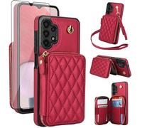 Phone Case for Samsung Galaxy A13 4G/5G Wallet Cell Cover with Tempered Glass Screen Protector Wrist Crossbody Strap RFID Blocking Credit Card Holder Slot A04s M13 G5 A 13 LTE 13A 2022 Women Girls Red