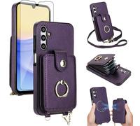 Phone Case for Samsung Galaxy A15 5G/4G Wallet Cover Detachable and Screen Protector Ring Kickstand Crossbody Lanyard Strap Compatible with MagSafe RFID Blocking A 15 G5 15A for Women Men Dark Purple
