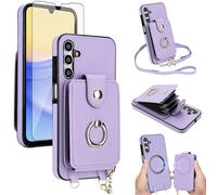 Phone Case for Samsung Galaxy A15 5G/4G Wallet Cover Detachable and Screen Protector Ring Kickstand Crossbody Lanyard Strap Compatible with MagSafe RFID Blocking A 15 G5 15A for Women Men Purple