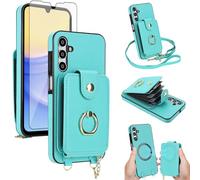 Phone Case for Samsung Galaxy A15 5G/4G Wallet Cover Detachable and Screen Protector Ring Kickstand Crossbody Lanyard Strap Compatible with MagSafe RFID Blocking A 15 G5 15A for Women Men Teal