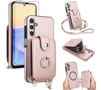 Phone Case for Samsung Galaxy A15 5G/4G Wallet Cover Detachable and Screen Protector Ring Kickstand Crossbody Lanyard Strap Compatible with MagSafe RFID Blocking A 15 G5 15A for Women Men Rose Gold