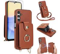 Phone Case for Samsung Galaxy A15 5G/4G Wallet Cover Detachable and Screen Protector Ring Kickstand Crossbody Lanyard Strap Compatible with MagSafe RFID Blocking A 15 G5 15A for Women Men Brown