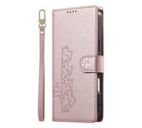 Phone Case for Samsung Galaxy A26/A16/A17, Embossed Stacked Kittens Pattern, Paw-Print Magnetic Clasp with Wrist Strap, Card Slots Shockproof Leather Flip Wallet Cover for Samsung A26/A16/A17,Pink