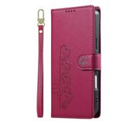 Phone Case for Samsung Galaxy A26/A16/A17, Embossed Stacked Kittens Pattern, Paw-Print Magnetic Clasp with Wrist Strap, Card Slots Shockproof Leather Flip Wallet Cover for Samsung A26/A16/A17,Rose red