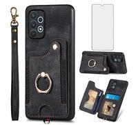 Phone Case for Samsung Galaxy A32 4G 6.4 inch Wallet Cover with Screen Protector and Wrist Strap Lanyard RFID Credit Card Holder Ring Stand Cell Accessories A 32 32A S32 G4 SM-A325M/DS Women Men Black