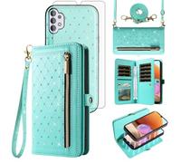 Phone Case for Samsung Galaxy A32 4G 6.4 inch Zipper Wallet Detachable Magnetic Cell Cover and Screen Protector Crossbody Lanyard Strap Credit Card Holder Slots A 32 32A S32 G4 SM-A325M/DS Women Teal