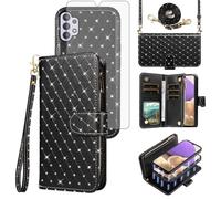 Phone Case for Samsung Galaxy A32 5G 2021 6.5 inch Zipper Wallet Detachable Cover with Screen Protector Crossbody Lanyard Strap Card Holder Slots M32 G5 A 32 32A S32 SM-A326U A326U Women Black