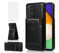 Phone Case for Samsung Galaxy A53 5G 2022 with Tempered Glass Screen Protector Credit Card Holder Wallet Cover Stand Leather Cell Accessories Gaxaly A53 G5 Galaxies 53A SM A536U Women Men Black