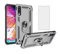 Phone Case for Samsung Galaxy A70 with Tempered Glass Screen Protector Cover Magnetic Stand Ring Holder Accessories Heavy Duty Rugged Protective Shockproof Hard Bumper SM-a705fn/ds 70A A 70 Silver