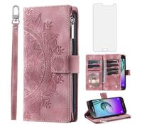Phone Case for Samsung Galaxy J3 2016/J 3 V/J36V/Sky/Amp Prime Wallet Cover With Tempered Glass Screen Protector and Wrist Strap Mandala Flower Flip Zipper Card Holder Cell Sol J3V JV3 J36 6 Rose Gold