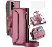 Phone Case for Samsung Galaxy Note 10 Plus Note10+ 5G Zipper Wallet Cover with Screen Protector and Wrist Strap Flip RFID Blocking Card Holder Cell Note10 + Notes 10+ Ten Not S10 10Plus Women Wine Red