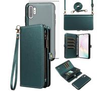 Phone Case for Samsung Galaxy Note 10 Plus Note10+ 5G Zipper Wallet Detachable Cell Cover with Screen Protector Crossbody Lanyard Strap Flip Card Holder Slot Note10 + Notes 10+ Ten 10Plus Dark Green