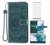 Phone Case for Samsung Galaxy S20 Plus Glaxay S20+ 5G Wallet with Tempered Glass Screen Protector Slim Flip Cover Card Holder Stand Cell Accessories Gaxaly S20+5G S20plus 20S + S 20 20+ G5 Dark Green