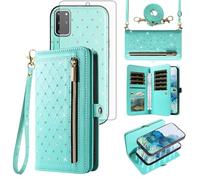 Phone Case for Samsung Galaxy S20 Plus S20+ 5G Zipper Wallet Detachable Cell Cover with Screen Protector Crossbody Strap Bling Flip Credit Card Holder S20+5G S20plus 20S + S2O S 20 20+ G5 Women Teal
