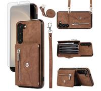Phone Case for Samsung Galaxy S23 5G Wallet Cover with Tempered Glass Screen Protector and Wrist Crossbody Strap Lanyard Credit Card Holder Stand Leather Cell S 23 23S GS23 G5 SM-S911U Men Brown